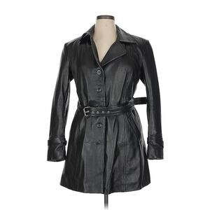 Genuine Leather Trench Belted Jacket Blazer Coat Black Longline Moto Buckle